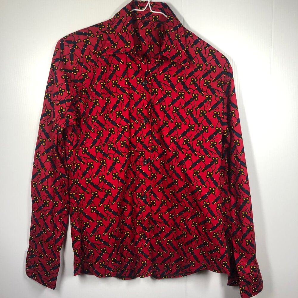 Red Button-Up Shirt With Black And Yellow Pattern Size S
